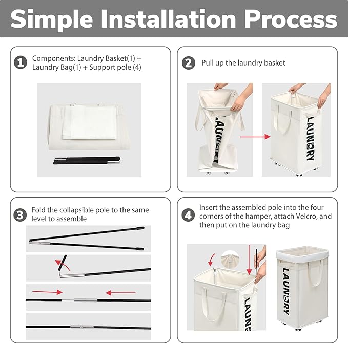 Goodpick Laundry Hamper with Wheels, 75L College Dorm Room Essentials, Clothes Hamper with Removable Wash Bag for Bedroom, Large Laundry Basket with Handle, White