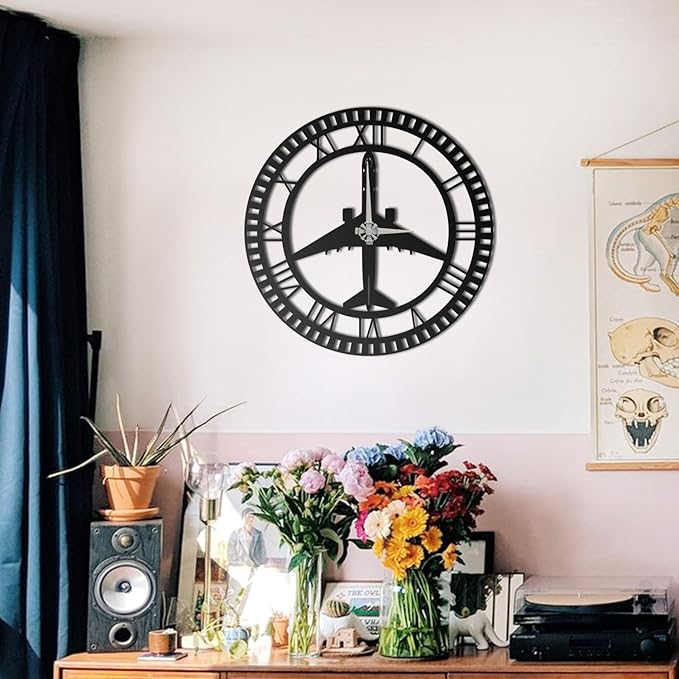 Metal Wall Clock | Airplane Silhouette Design | Roman Numerals | Silent Non-Ticking | Aviation Decor for Pilot, Traveler, Home, Office & Kids Room (13.8"x13.8")