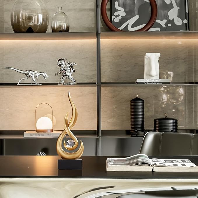 AWNR Abstract Gold Sculpture Decor: Flame Statue with Glass Ball Resin Art Figurines Unique Centerpiece Table Decorations Modern Home Decor Living Room TV Stand Coffee Table Office Decor