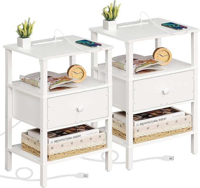 Lerliuo Nightstand Set of 2 with Charging Station and USB Ports, 3-Tier Storage End Table with Drawer Shelf, Night Stand for Small Spaces, Wood Bedside Table for Living Room, Bedroom - Elegant White