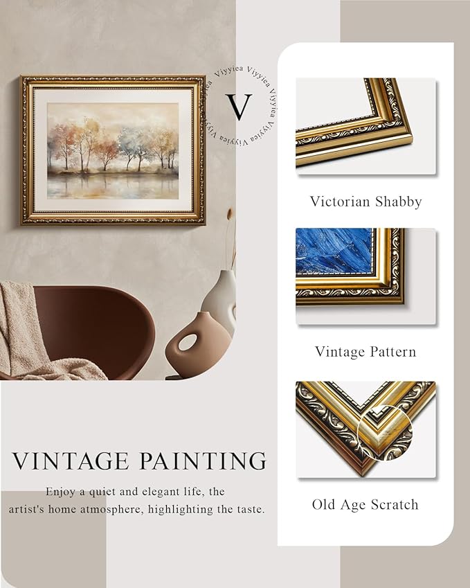 VIYYIEA Vintage Gold Framed Wall Art for Living Room, Colorful Tree Artwork Prints Decor, Watercolor Wall Decor, Gallery Picture Painting, for Bedroom Bathroom Kitchen 16L x 13W