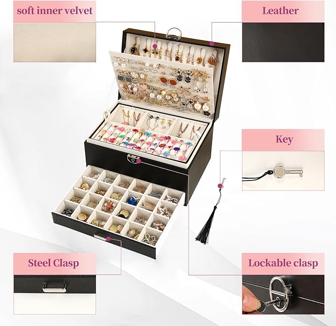 BOOVO Earring Jewelry Box For Women Girl Stud Organizer, 5 Layers Girl Jewelry Organizer Box With Lock Earring Holder Organizer Necklace Ring Jewelry Organizer Box For Girls (Black)