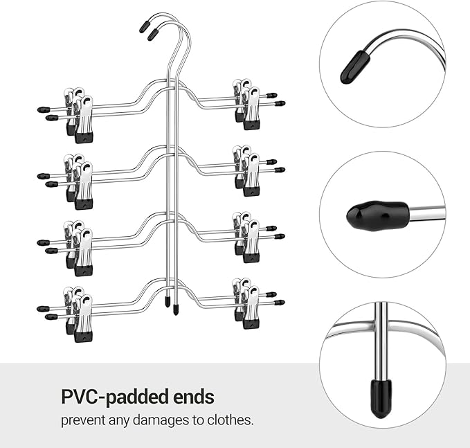 SONGMICS Pants Hangers, Set of 3, 4 Tiers Non-Slip Skirt Hangers, Space Saving Pants Organizers, for Closet, Silver and Black UCRI042BK