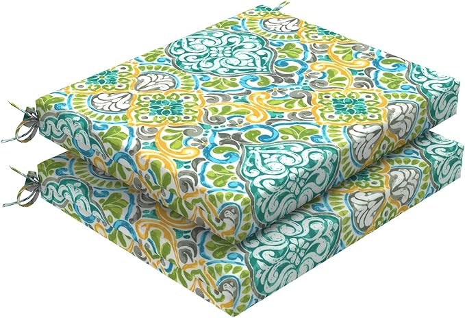 Set of 2 Outdoor Square Chair Cushions 18.5"x16"x2" for Patio, Water Resistant Patio Dining Seat Pads Replacement for Kitchen Garden and Outdoor Furniture Decoration - Damask Green