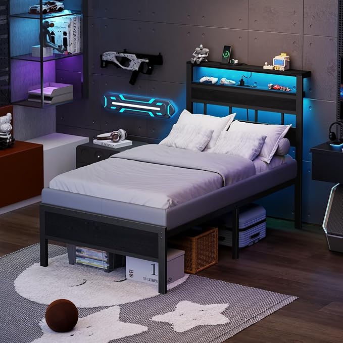 Furnulem Twin Bed Frames with Charging Station and LED Lights, Twin Size Platform Bed with Metal Slats, Wood Headboard with 2-Tier Storage Shelves, No Box Spring Needed, Black Oak