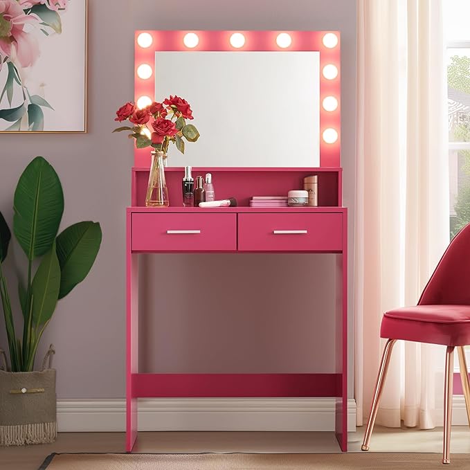 MIRROTOWEL Vanity Desk with Mirror and Lights, Dressing Table with Large Drawer, 2 Level Storage Dresser & 3 Lighting Modes Adjustable Brightness, Suitable for Bedroom