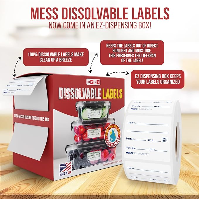 MESS Dissolvable Food Labels, Fill-in, 2x2 200/Roll - Dissolves in 30 Seconds or Less - Removable Pantry, Meal Prep & Food Storage Labels – Canning & Freezer Use