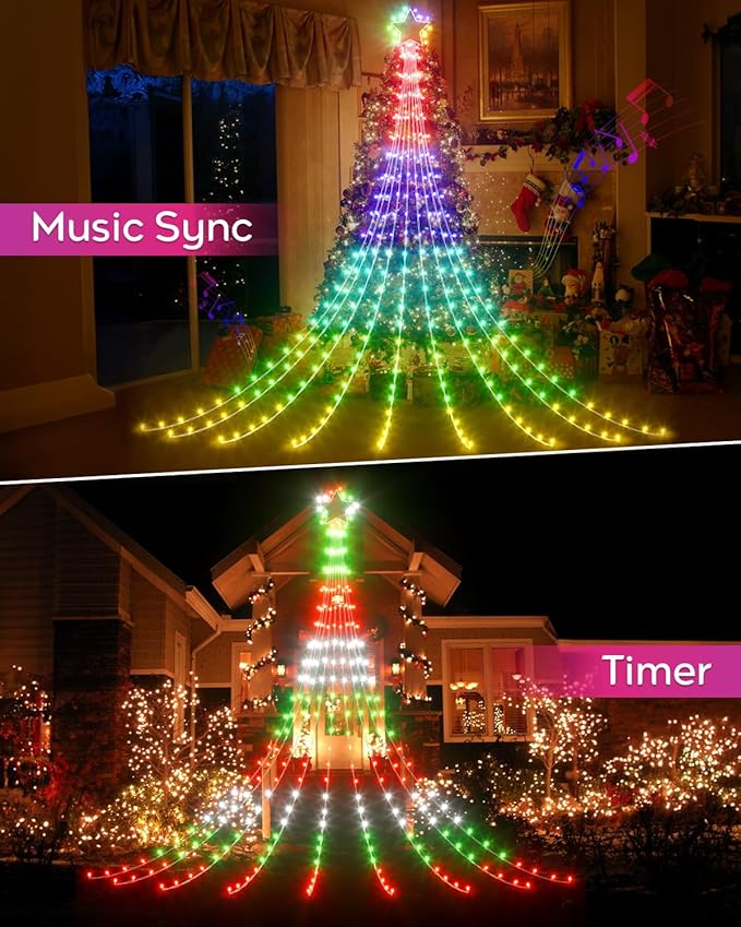 Avatar Controls Smart Outside Christmas Tree Lights for Yard, 16.5FT DIY Color Changing Star Waterfall Lights App Control Music Sync, Timer, Christams Decoations Light Plug in for Outside Xmas Home