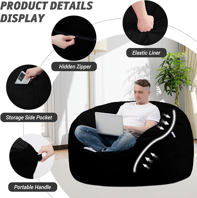 3FT Bean Bag Chair with Ultra Soft Velvet Cover Bean Bag Sofa with Memory Foam Bean Bag Chairs with Large Size Lazy Sofa for Dorm Office Living Room Bedroom Black 3'
