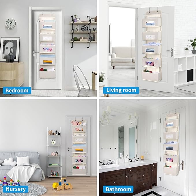 MAX Houser 5-Shelf Over The Door Hanging Organizer with 2 Metal Hooks, 5 Pocket Over The Door Wall Mount Storage with Clear Windows for Baby Nursery Bathroom Closet,Bedroom,Dorm,Diapers,Kids(Beige)