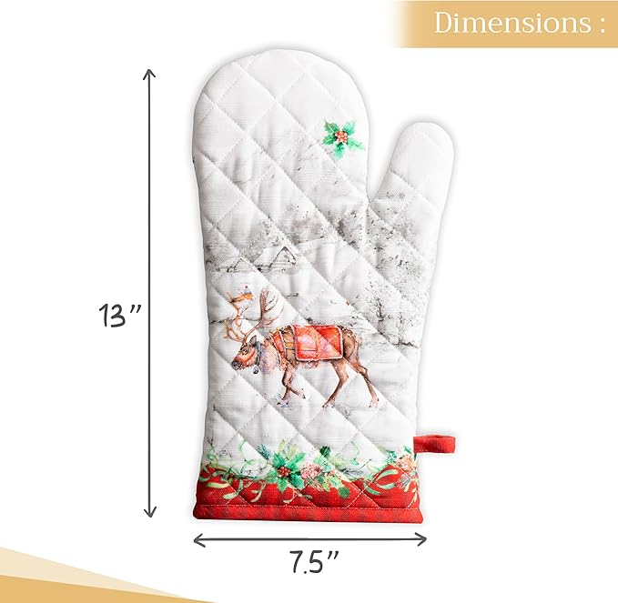 Maison d' Hermine Oven Gloves 100% Cotton Oven Mitt 7" x 13" with Loop Heat Resistant Cooking Gloves for Thanksgiving Christmas Decorations Baking Handling Hot Pans (Pack of 1, Christmas Tradition)