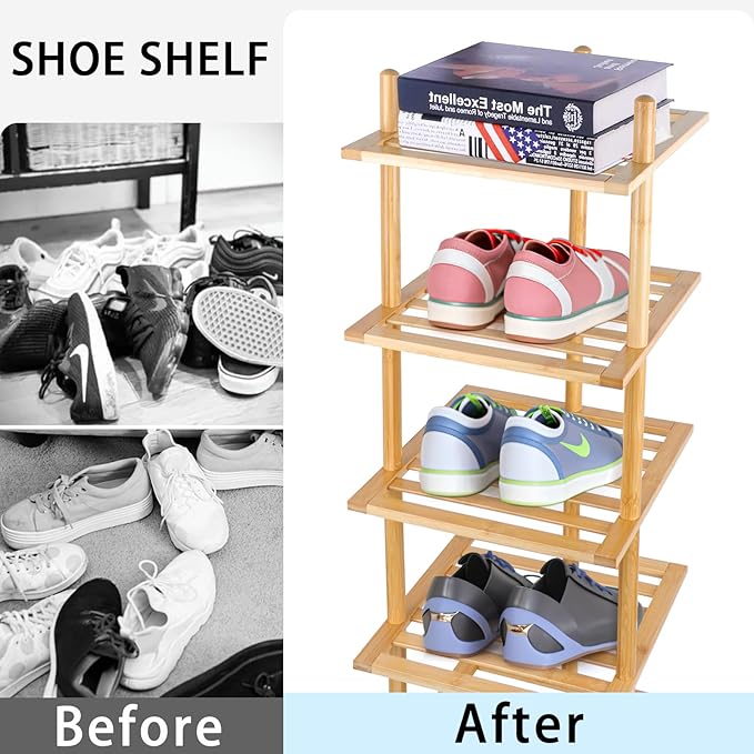 7-Tier Shoe Rack for Closet, Shoes Organizer Free Standing Shelf Entryway and Closet Hallway, Small Space Stackable Bamboo Multifunctional Racks Shoe Storage