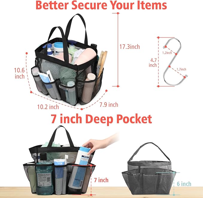 F-color Mesh Shower Caddy Portable, Upgrade Deeper 7 Pockets Shower Bag Basket Tote for College Dorm Room Toiletry Bathroom Essentials Gym Camp Quick Dry 2 handles with S Hook, Black