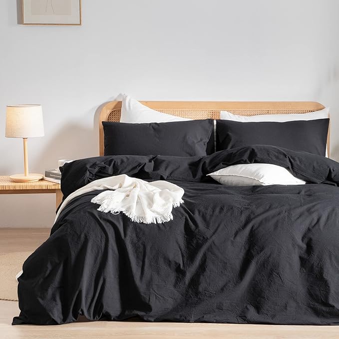 BESTOUCH Duvet Cover Set 100% Washed Cotton Linen Feel Super Soft Comfortable Chic Lightweight 3 PCs Home Bedding Set Solid Deep Black Super King