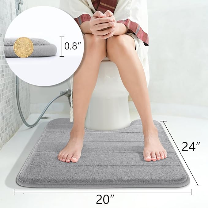 Yimobra Memory Foam Toilet Bath Mat U-Shaped, Commode Contour Rug, Soft and Comfortable, Super Water Absorption, Non-Slip, Thick, Machine Wash and Easier to Dry for Bathroom, 24 X 20 Inches, Grey