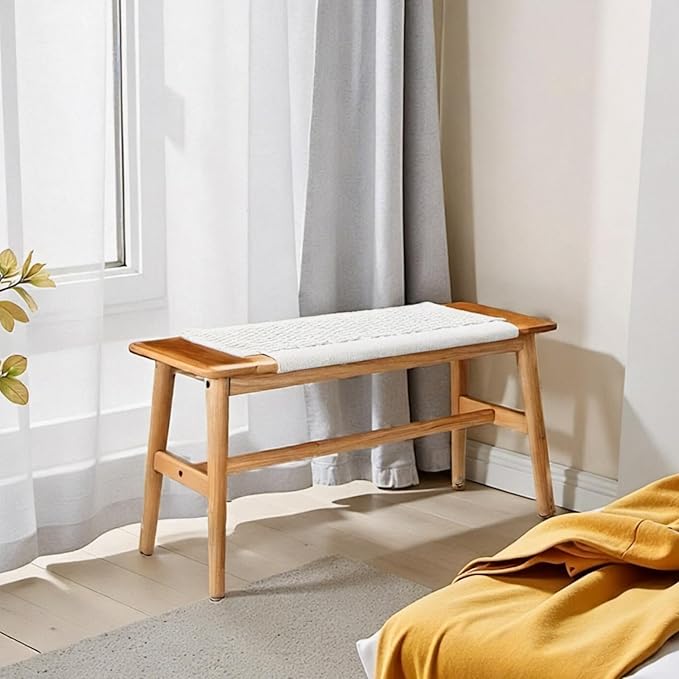31.5'' Woven Dining Beach with 100% Solid Oak Wood Bench Frame, Hand Knitted Rope Designed Bed End Shoe Bench for Kitchen Bedroom Entryway, White