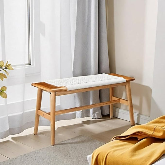31.5'' Woven Dining Beach with 100% Solid Oak Wood Bench Frame, Hand Knitted Rope Designed Bed End Shoe Bench for Kitchen Bedroom Entryway, White