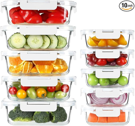BAYZZ 10 Pack Glass Meal Prep Containers, Glass Food Storage Containers with Lids, Airtight Lunch Box, Freezer,Oven,Microwave and Dishwasher Safe,White