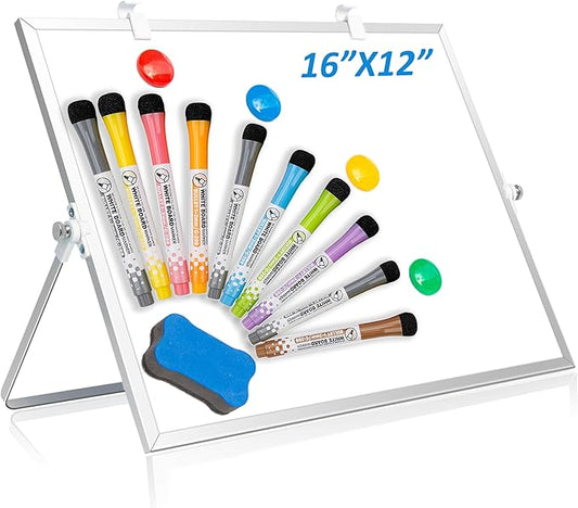 Magnetic Dry Erase Board, 16x12 Inch, Double-Sided Desktop Whiteboard with Stand, White Board for Kids, Home, School, Office
