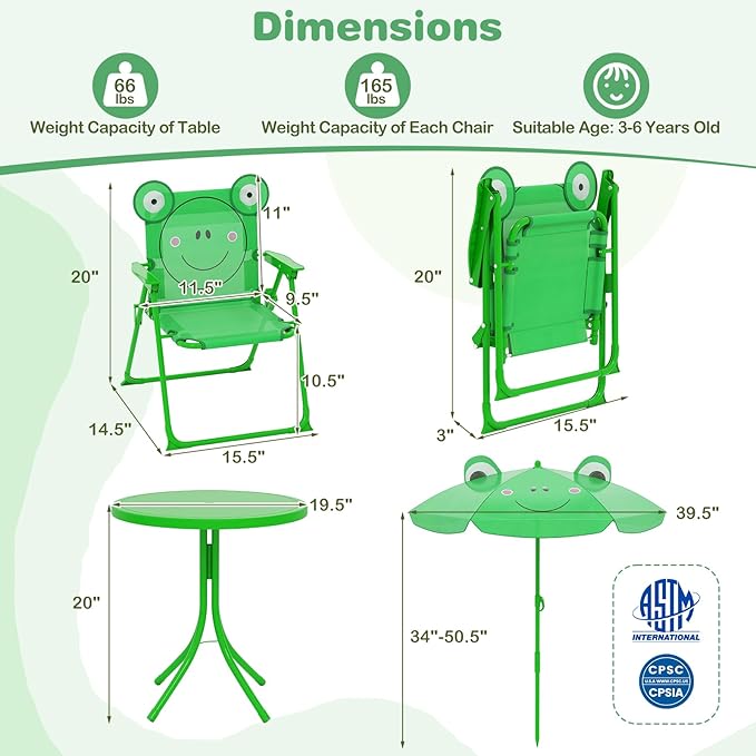 Costzon Kids Picnic Table, Kids Outdoor Table with 2 Folding Chairs, Height Adjustable Umbrella, Portable Children Outdoor Furniture for Patio, Garden, Backyard (Green)