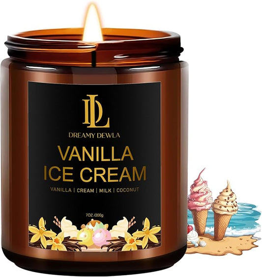 Vanilla Ice Cream Candles, 7oz Vanilla Ice Cream Scented Candle, Natural Soy Candles for Home Scented, Long Lasting with 50 Hour Burn Time, Gifts for Men Women