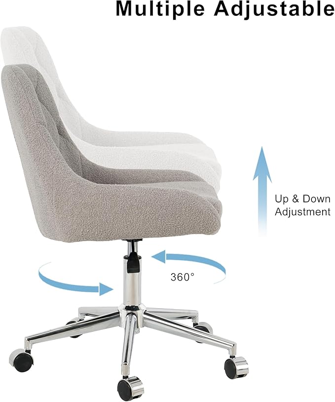 Furnimart 360° Swivel Rolling Desk Chair, Height Adjustable Vanity Chair with Silver Legs, Cute Task Chair with Wheels for Dorm Bedroom Studying Small Places (Teddy Gray)