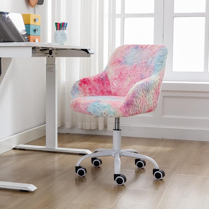 HEAH-YO Swivel Kids Chair with Wheels, Adjustable Kids Desk Chair with Armrest and Back, Cute Faux Fur Kid Study Chairs for Boys and Girls, Light Multi-Colour