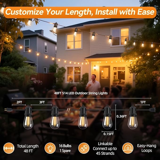 48FT LED Outdoor String Lights Dimmable Shatterproof S14 Edison Bulbs IP44 Weatherproof Commercial Grade for Patio Backyard Garden Party Décor
