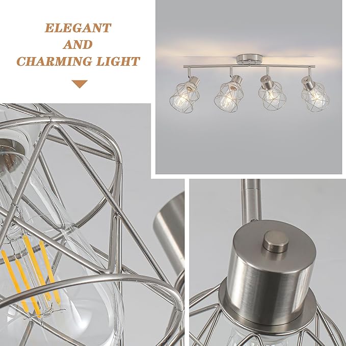 BUXVRCS Adjustable Multi-Directional Brushed Nickel Light Fixtures, Semi Flush Mount Ceiling Light, Kitchen Light Fixtures Ceiling Mount, Geometric Metal Cage Industrial Spotlight Fixtures