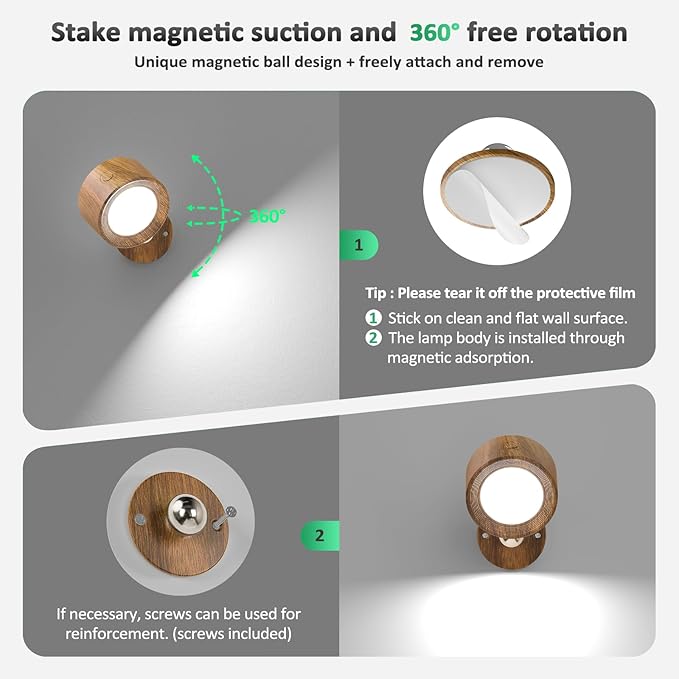 Lightbiz LED Wall Lights, Wall Sconces 3 Pcs with Remote Rechargeable Battery Operated, 3 Color Temperatures & Dimmable Wall Lamp Magnetic 360° Rotation Wireless Light for Bedroom Living Room