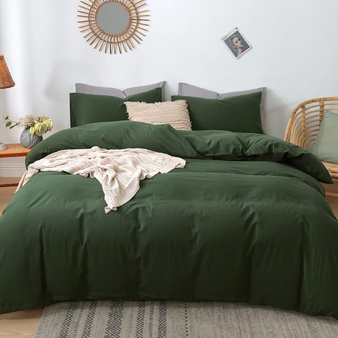 MooMee Bedding Duvet Cover Set 100% Washed Cotton Linen Like Textured Breathable Durable Soft Comfy (Solid Forest Green, Super Queen 90"x98")