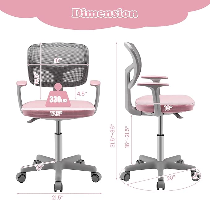 Giantex Kids Desk Chair, Children Computer Chair with Wheels and Y-Shaped Lumbar Support, Mesh Kids Study Seating, Height Adjustable Desk Chair for Girls Boys Aged 4-13, Pink