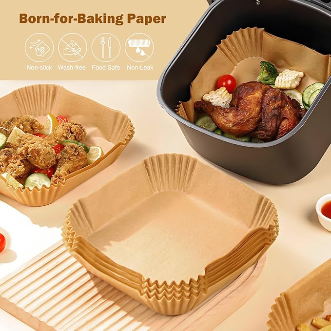 200 Pcs 8" Air Fryer Liner Square Baking Parchment Paper Airfryer Liners,Unbleached Disposable Non-stick & Non-Leak & Non-Washing Air Fryer Paper Liner for 5-8 QT Air Fryer Basket