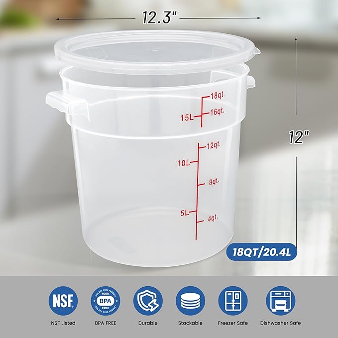 4 Pack 18QT Round Food Storage Containers with Lids, BPA-Free Polypropylene NSF Commercial Food Container, with Labels & Measuring Cup