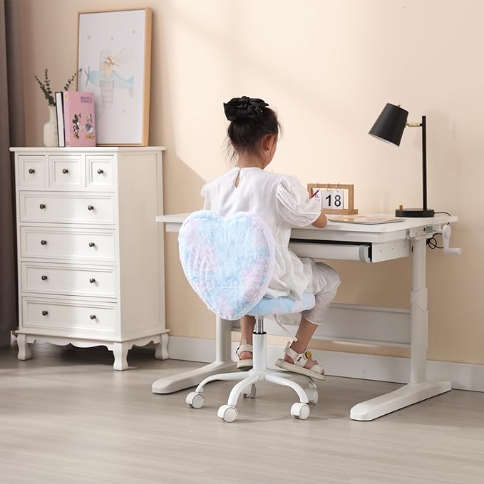 Cute Fuzzy Kids Chair for Children Rolling Study Desk Student Chair for Child Furry Computer Task Chair, Adjustable Heart Shaped Reading Desk Chairs for Bedroom Study,Babay Blue