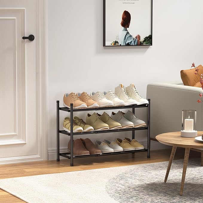Expandable Shoe Rack, 3 Tier Shoe Rack for Closet, Stackable Adjustable Standing Metal Shoe Shelf Organizer Storage, Small Shoe Racks for Front Door Entrance、Entryway(Black)
