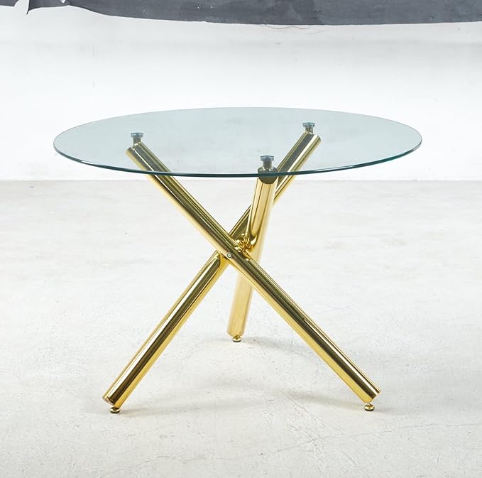 Round Glass Dining Table,Glass Dining Room Table with Tempered Glass Tabletop and Metal Legs, Modern Style Glass Kitchen Table for Home, Kitchen, Dining Room