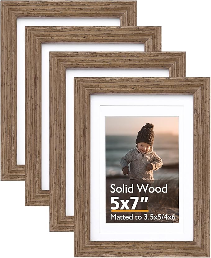 KINLINK 5x7 Picture Frame Rustic Brown, Solid Wood Frames with Acrylic Plexiglass for 3.5x5/4x6 with Mat or 5x7 without Mat, Tabletop and Wall Display Photo Frame, Set of 4