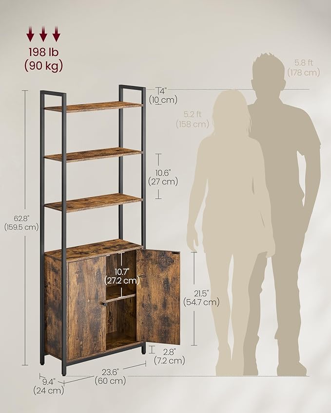 VASAGLE 6-Tier Bookshelf, Tall Bookcase with Cabinet, Steel Frame, Adjustable Shelves, 9.4 x 23.6 x 62.8 Inches, Living Room Bedroom, Rustic Brown and Ink Black ULLS133K01