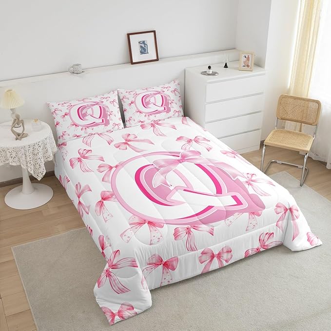 jejeloiu Kids Girls Cute Pink Bow Comforter Set Queen Size Monogrammed Bedding Set Ultra Soft Personalized Initial Duvet Quilt Coquette Bow Knot Quilt Set Room Decor Modern Fashion Comforter