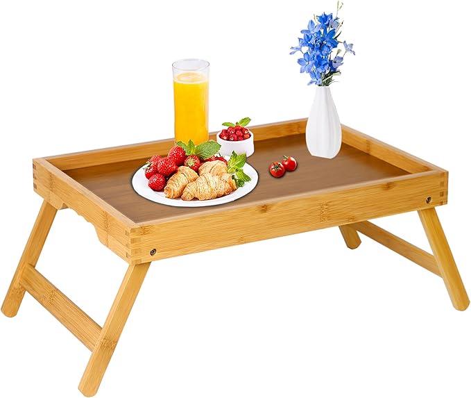 Bed Tray Table for Eating with Folding Legs, Bamboo Breakfast Table in Bed for Eating on Couch, Bed, Laptop Computer Tray(Bamboo, Medium)