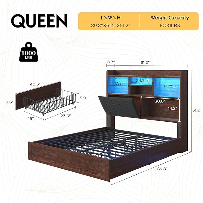 Queen Farmhouse Bed Frame with Bookcase Headboard and 4 Drawers, LED Storage Bed with Charging Station & Linen Upholstered, No Box Spring Needed, Reclaimed Barnwood