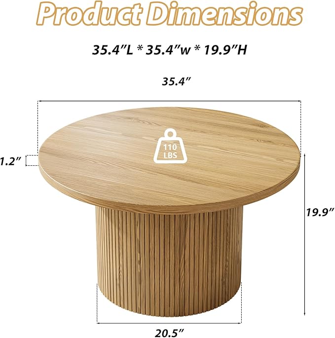 Round Coffee Table with Metal Frame, 35" Coffee Tables for Living Room, Circle Wood Accent Center Table for Apartment, Oak