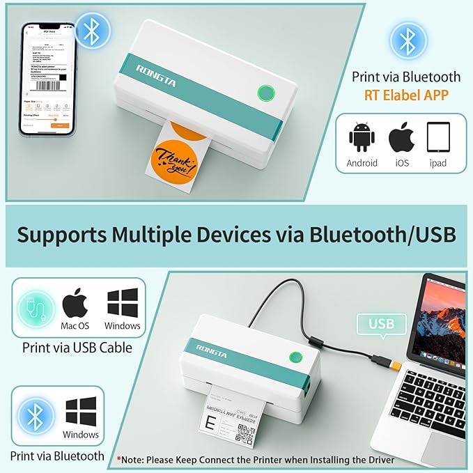 Rongta Thermal Shipping Label Printer, Bluetooth Wireless 4x6 Sticker Label Maker for Package, Compatible with Windows, Mac, Android & iPhone, Used for Business of Amazon, Ebay, Etsy, Shopify UPS
