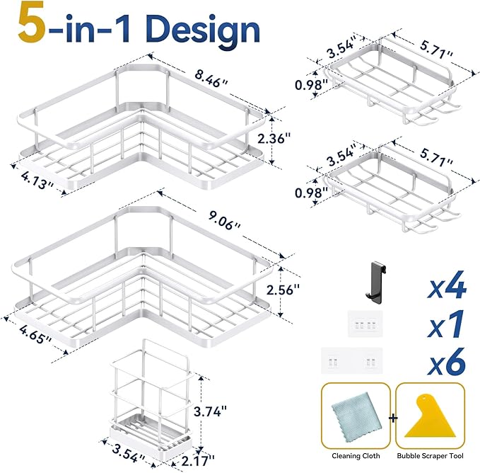 YASONIC Corner Shower Caddy Organizer, 5-Pack Self-Adhesive Rustproof Bath Shelves with Soap Holder & 4 Hooks, Large Capacity Shower Storage Rack for Bathroom Organization, White