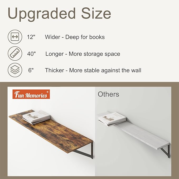 Fun Memories 40 Inch Floating Shelves, 12 Inch Deep Wall Shelf, 40 x 12 Floating Shelf Set of 2, Wood Floating Shelf Wall Mounted, Large Kitchen Living Room Bedroom Storage Shelves, Rustic Brown