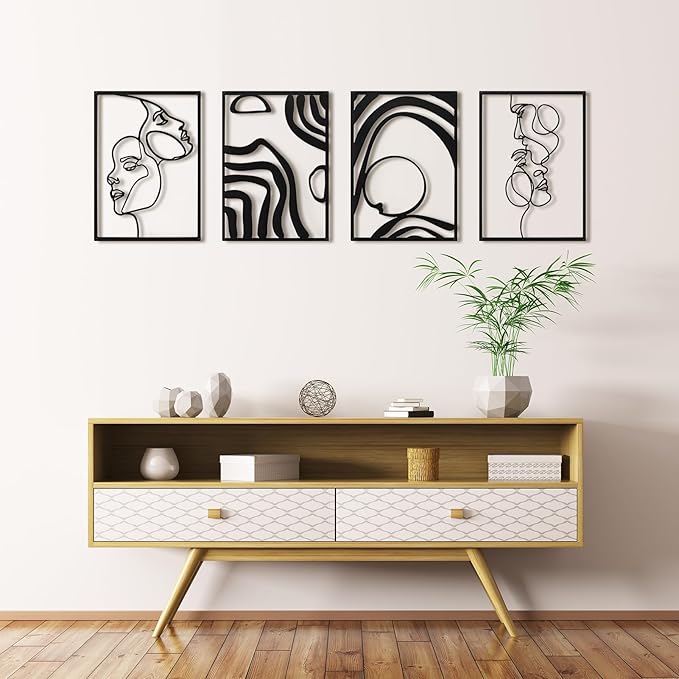 Art3d Metal Wall Art, Set of 4 Black Wall Decor for Living Room Bedroom Hallway Dining Room, Line Art Wall Décor, Life and Romance Story theme Minimalist Wall Art Style