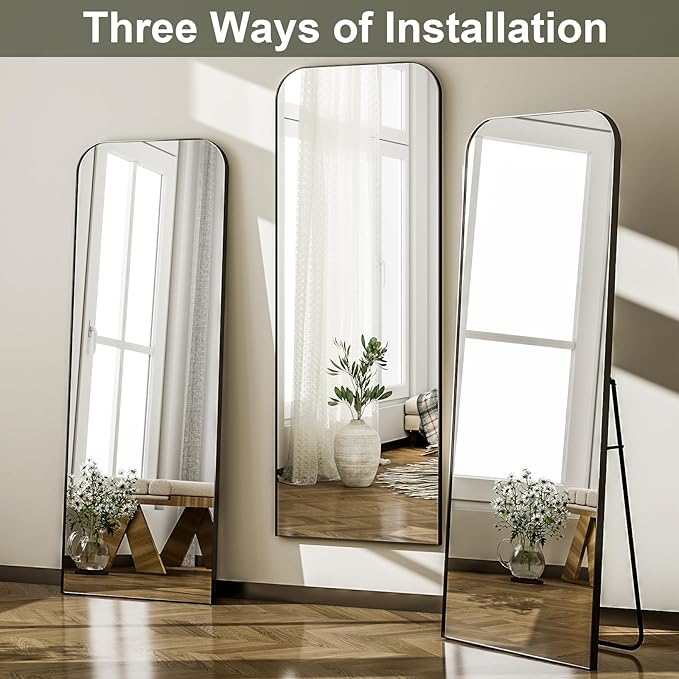 HARRITPURE 57"x20" Full Length Mirror Full Body Mirror Top Rounded Corner Aluminum Frame Hanging or Leaning Wall Floor Mirror with Stand for Living Room Bedroom Cloakroom,Black