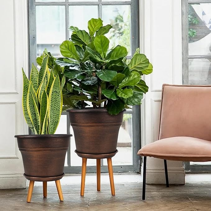 Plant Planters Pots Set of 4 Pack 16 Inch，Large Plastic Flower Pot for Indoor Plants with Drainage Holes & Trays, Resin Decorative Container Sets with Saucer for House Outdoor Garden Plant Copper