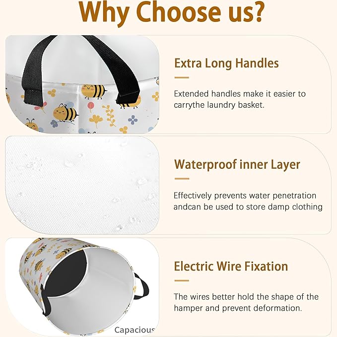 Flying Bees and Flower Laundry Basket,Waterproof Foldable Laundry Hamper,Dirty Clothes Laundry Basket, Linen Bin Storage Organizer for Toy Collection 16" x 20"